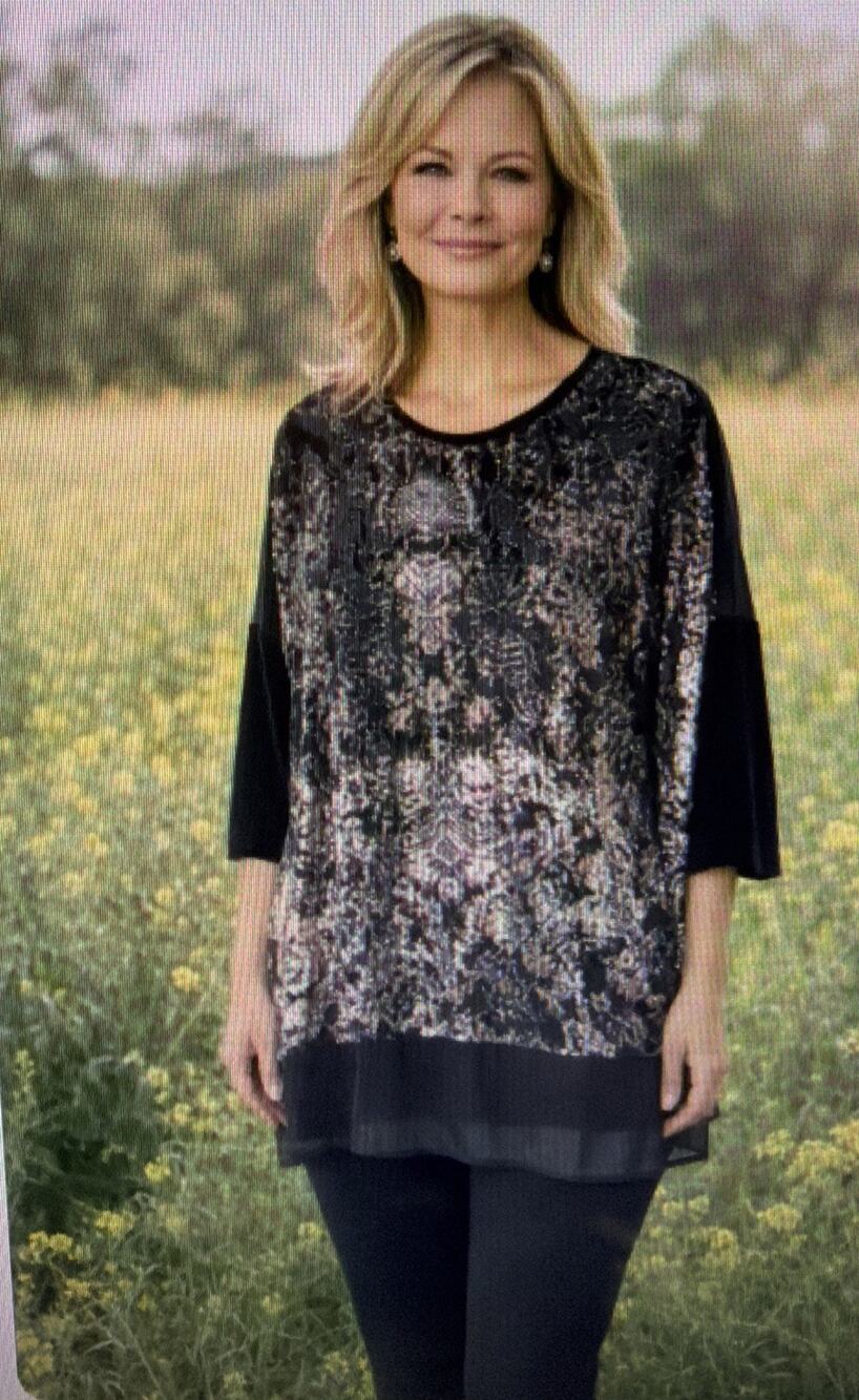 Chico’s 2 Large Black Velvet Burnout Top Animal Print Boho Sheer Festival NWT